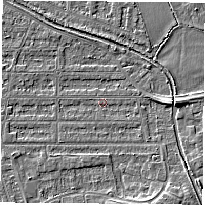 Shaded relief map of the ground around NG25HY, computed from Environment Agency LiDAR. The ground here sits at about 23 m above sea level and falls 5 m across the surrounding 800 m. Surface water reaching this point runs off ground lying to the south-south-east, 4.5 m higher.