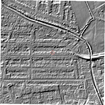 Shaded relief map of the ground around NG25HZ, computed from Environment Agency LiDAR. The ground here sits at about 23 m above sea level and falls 5 m across the surrounding 800 m. Surface water reaching this point runs off ground lying to the east, 4.1 m higher.