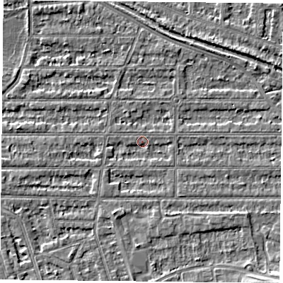 Shaded relief map of the ground around NG25JA, computed from Environment Agency LiDAR. The ground here sits at about 23 m above sea level and falls 4 m across the surrounding 800 m. Surface water reaching this point runs off ground lying to the south-south-west, 2.1 m higher.