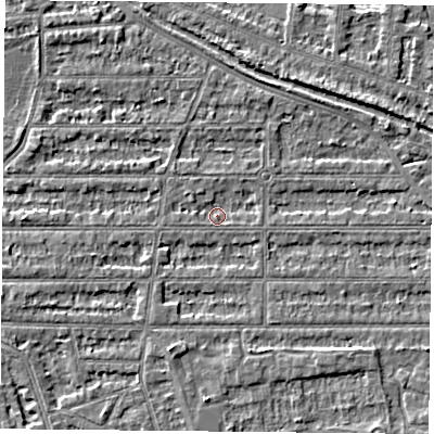 Shaded relief map of the ground around NG25JB, computed from Environment Agency LiDAR. The ground here sits at about 23 m above sea level and falls 3 m across the surrounding 800 m. Surface water reaching this point runs off ground lying to the west-north-west, 1.1 m higher.