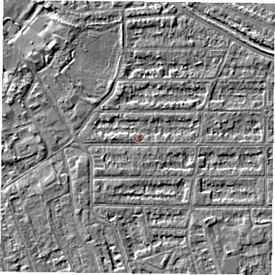 Shaded relief map of the ground around NG25JE, computed from Environment Agency LiDAR. The ground here sits at about 24 m above sea level and falls 3 m across the surrounding 800 m. Surface water reaching this point runs off ground lying to the west, 1.4 m higher.