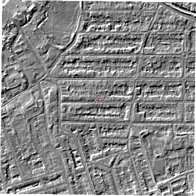 Shaded relief map of the ground around NG25JJ, computed from Environment Agency LiDAR. The ground here sits at about 24 m above sea level and falls 3 m across the surrounding 800 m. Surface water reaching this point runs off ground lying to the west-south-west, 0.8 m higher.