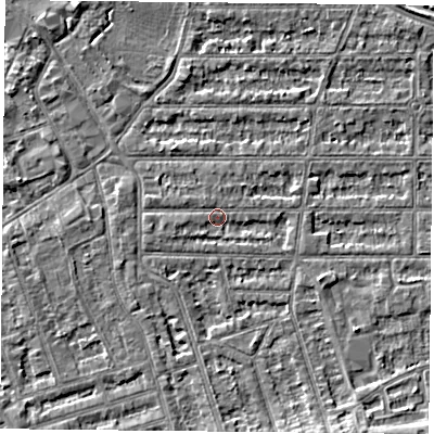 Shaded relief map of the ground around NG25JL, computed from Environment Agency LiDAR. The ground here sits at about 24 m above sea level and falls 4 m across the surrounding 800 m. Surface water reaching this point runs off ground lying to the south-south-east, 3.0 m higher.