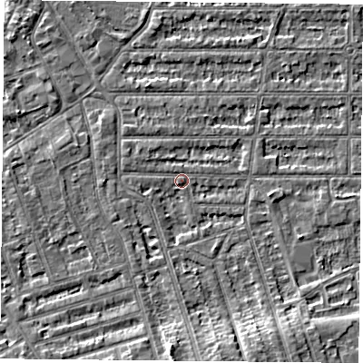 Shaded relief map of the ground around NG25JN, computed from Environment Agency LiDAR. The ground here sits at about 24 m above sea level and falls 5 m across the surrounding 800 m. Surface water reaching this point runs off ground lying to the south, 4.7 m higher.