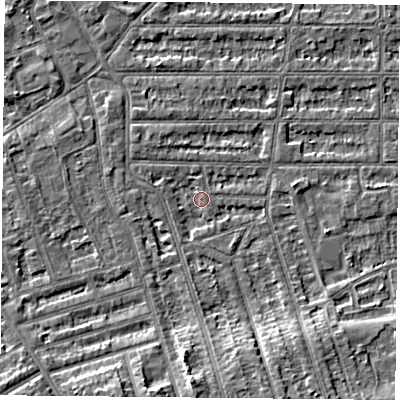 Shaded relief map of the ground around NG25JQ, computed from Environment Agency LiDAR. The ground here sits at about 24 m above sea level and falls 6 m across the surrounding 800 m. Surface water reaching this point runs off ground lying to the south, 5.8 m higher.
