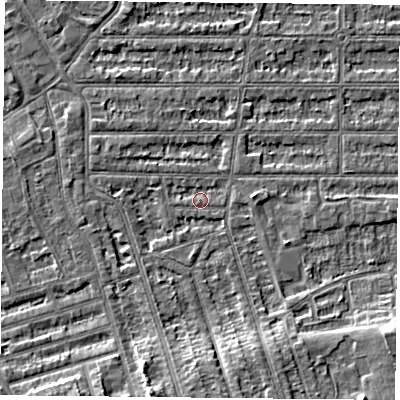 Shaded relief map of the ground around NG25JR, computed from Environment Agency LiDAR. The ground here sits at about 24 m above sea level and falls 6 m across the surrounding 800 m. Surface water reaching this point runs off ground lying to the south-south-west, 5.7 m higher.