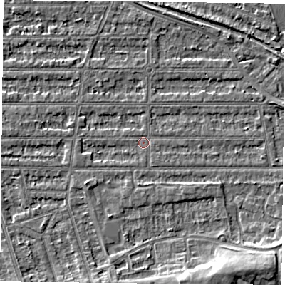 Shaded relief map of the ground around NG25JW, computed from Environment Agency LiDAR. The ground here sits at about 23 m above sea level and falls 7 m across the surrounding 800 m. Surface water reaching this point runs off ground lying to the south-west, 1.5 m higher.