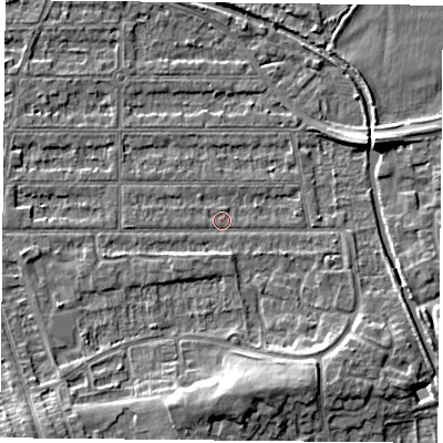 Shaded relief map of the ground around NG25JX, computed from Environment Agency LiDAR. The ground here sits at about 23 m above sea level and falls 7 m across the surrounding 800 m. Surface water reaching this point runs off ground lying to the south-south-east, 6.0 m higher.