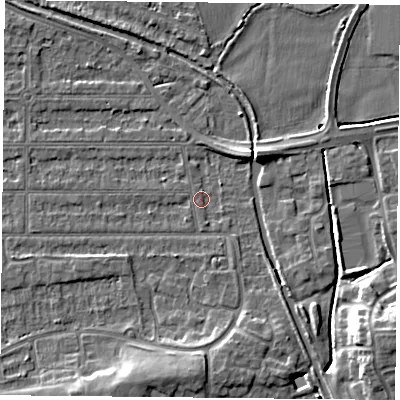 Shaded relief map of the ground around NG25JY, computed from Environment Agency LiDAR. The ground here sits at about 23 m above sea level and falls 10 m across the surrounding 800 m. Surface water reaching this point runs off ground lying to the south, 3.7 m higher.