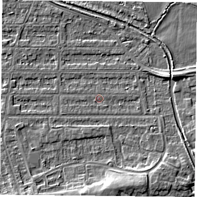 Shaded relief map of the ground around NG25JZ, computed from Environment Agency LiDAR. The ground here sits at about 23 m above sea level and falls 7 m across the surrounding 800 m. Surface water reaching this point runs off ground lying to the south-south-east, 6.0 m higher.