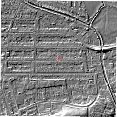 Shaded relief map of the ground around NG25LA, computed from Environment Agency LiDAR. The ground here sits at about 23 m above sea level and falls 7 m across the surrounding 800 m. Surface water reaching this point runs off ground lying to the west-south-west, 1.6 m higher.
