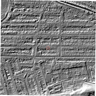 Shaded relief map of the ground around NG25LB, computed from Environment Agency LiDAR. The ground here sits at about 24 m above sea level and falls 6 m across the surrounding 800 m. Surface water reaching this point runs off ground lying to the west-south-west, 1.3 m higher.