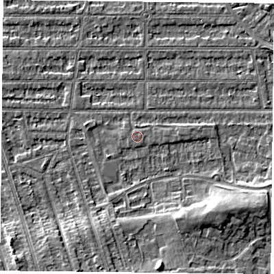 Shaded relief map of the ground around NG25LE, computed from Environment Agency LiDAR. The ground here sits at about 24 m above sea level and falls 6 m across the surrounding 800 m. The ground contributing surface water to this point lies to the east-north-east.