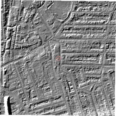 Shaded relief map of the ground around NG25LN, computed from Environment Agency LiDAR. The ground here sits at about 24 m above sea level and falls 11 m across the surrounding 800 m. Surface water reaching this point runs off ground lying to the south-south-west, 0.6 m higher.