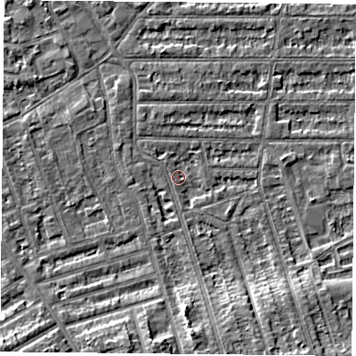 Shaded relief map of the ground around NG25LQ, computed from Environment Agency LiDAR. The ground here sits at about 24 m above sea level and falls 6 m across the surrounding 800 m. Surface water reaching this point runs off ground lying to the south, 5.8 m higher.