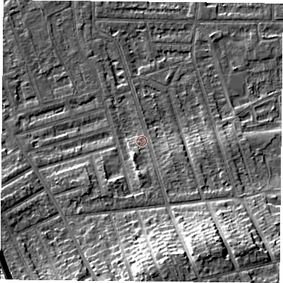 Shaded relief map of the ground around NG25LW, computed from Environment Agency LiDAR. The ground here sits at about 25 m above sea level and falls 16 m across the surrounding 800 m. Surface water reaching this point runs off ground lying to the south-south-east, 13.0 m higher.