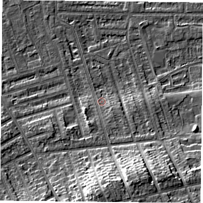 Shaded relief map of the ground around NG25LX, computed from Environment Agency LiDAR. The ground here sits at about 26 m above sea level and falls 15 m across the surrounding 800 m. Surface water reaching this point runs off ground lying to the south-south-east, 12.8 m higher.