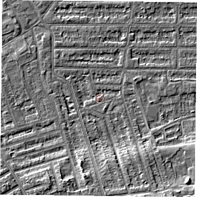 Shaded relief map of the ground around NG25LY, computed from Environment Agency LiDAR. The ground here sits at about 24 m above sea level and falls 7 m across the surrounding 800 m. Surface water reaching this point runs off ground lying to the south-south-east, 5.5 m higher.