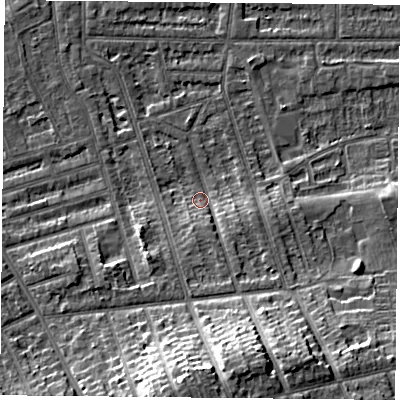 Shaded relief map of the ground around NG25LZ, computed from Environment Agency LiDAR. The ground here sits at about 25 m above sea level and falls 16 m across the surrounding 800 m. Surface water reaching this point runs off ground lying to the south-south-east, 9.8 m higher.