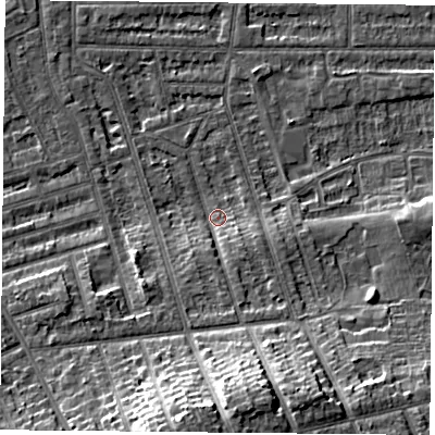 Shaded relief map of the ground around NG25NA, computed from Environment Agency LiDAR. The ground here sits at about 25 m above sea level and falls 16 m across the surrounding 800 m. Surface water reaching this point runs off ground lying to the south, 9.7 m higher.
