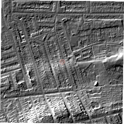 Shaded relief map of the ground around NG25NB, computed from Environment Agency LiDAR. The ground here sits at about 25 m above sea level and falls 16 m across the surrounding 800 m. Surface water reaching this point runs off ground lying to the south, 3.5 m higher.