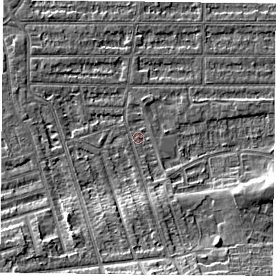 Shaded relief map of the ground around NG25NE, computed from Environment Agency LiDAR. The ground here sits at about 24 m above sea level and falls 9 m across the surrounding 800 m. Surface water reaching this point runs off ground lying to the south-south-east, 1.3 m higher.