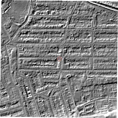 Shaded relief map of the ground around NG25NF, computed from Environment Agency LiDAR. The ground here sits at about 24 m above sea level and falls 6 m across the surrounding 800 m. Surface water reaching this point runs off ground lying to the south-south-east, 2.9 m higher.