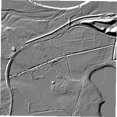 Shaded relief map of the ground around NG25PN, computed from Environment Agency LiDAR. The ground here sits at about 22 m above sea level and falls 12 m across the surrounding 800 m. Surface water reaching this point runs off ground lying to the west-south-west, 2.0 m higher.