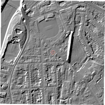 Shaded relief map of the ground around NG26AB, computed from Environment Agency LiDAR. The ground here sits at about 25 m above sea level and falls 9 m across the surrounding 800 m. Surface water reaching this point runs off ground lying to the south-east, 1.0 m higher.