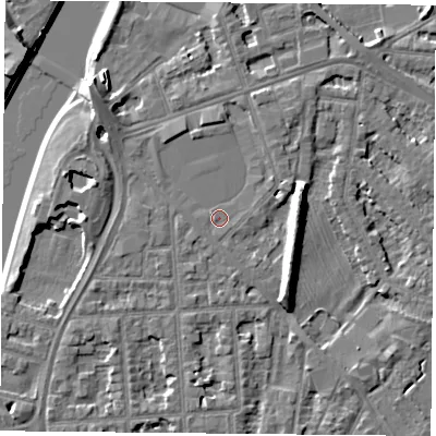 Shaded relief map of the ground around NG26AG, computed from Environment Agency LiDAR. The ground here sits at about 24 m above sea level and falls 9 m across the surrounding 800 m. Surface water reaching this point runs off ground lying to the east-north-east, 1.9 m higher.