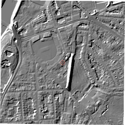 Shaded relief map of the ground around NG26AH, computed from Environment Agency LiDAR. The ground here sits at about 24 m above sea level and falls 9 m across the surrounding 800 m. Surface water reaching this point runs off ground lying to the south-south-east, 6.7 m higher.