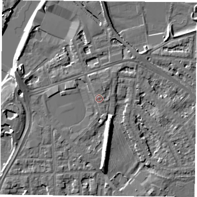 Shaded relief map of the ground around NG26AJ, computed from Environment Agency LiDAR. The ground here sits at about 25 m above sea level and falls 9 m across the surrounding 800 m. Surface water reaching this point runs off ground lying to the north-north-east, 0.6 m higher.