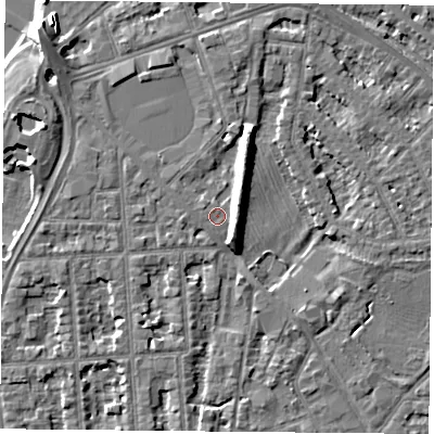 Shaded relief map of the ground around NG26AN, computed from Environment Agency LiDAR. The ground here sits at about 25 m above sea level and falls 9 m across the surrounding 800 m. Surface water reaching this point runs off ground lying to the east-north-east, 6.2 m higher.