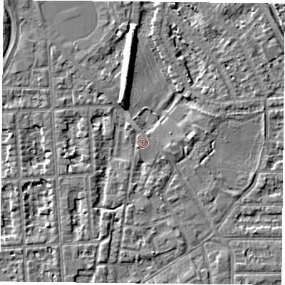 Shaded relief map of the ground around NG26AP, computed from Environment Agency LiDAR. The ground here sits at about 25 m above sea level and falls 8 m across the surrounding 800 m. Surface water reaching this point runs off ground lying to the north-west, 1.1 m higher.