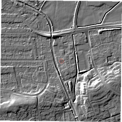 Shaded relief map of the ground around NG26AQ, computed from Environment Agency LiDAR. The ground here sits at about 24 m above sea level and falls 10 m across the surrounding 800 m. Surface water reaching this point runs off ground lying to the south, 1.1 m higher.