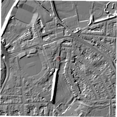 Shaded relief map of the ground around NG26AR, computed from Environment Agency LiDAR. The ground here sits at about 24 m above sea level and falls 9 m across the surrounding 800 m. Surface water reaching this point runs off ground lying to the south, 7.6 m higher.