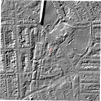 Shaded relief map of the ground around NG26AS, computed from Environment Agency LiDAR. The ground here sits at about 24 m above sea level and falls 8 m across the surrounding 800 m. Surface water reaching this point runs off ground lying to the south-west, 2.6 m higher.