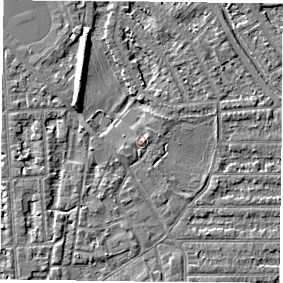 Shaded relief map of the ground around NG26AT, computed from Environment Agency LiDAR. The ground here sits at about 25 m above sea level and falls 8 m across the surrounding 800 m. Surface water reaching this point runs off ground lying to the east-north-east, 1.3 m higher.