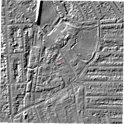 Shaded relief map of the ground around NG26AU, computed from Environment Agency LiDAR. The ground here sits at about 24 m above sea level and falls 8 m across the surrounding 800 m. Surface water reaching this point runs off ground lying to the west-south-west, 2.6 m higher.