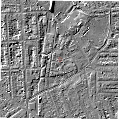 Shaded relief map of the ground around NG26AY, computed from Environment Agency LiDAR. The ground here sits at about 24 m above sea level and falls 8 m across the surrounding 800 m. Surface water reaching this point runs off ground lying to the south-south-east, 1.5 m higher.