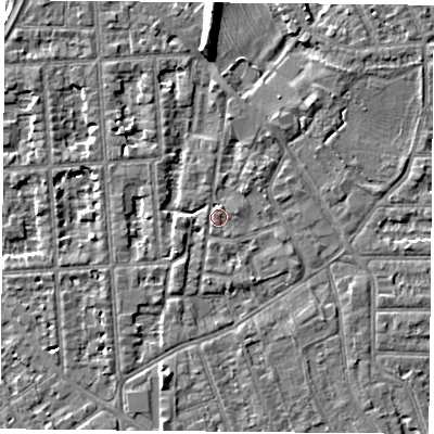 Shaded relief map of the ground around NG26AZ, computed from Environment Agency LiDAR. The ground here sits at about 24 m above sea level and falls 8 m across the surrounding 800 m. Surface water reaching this point runs off ground lying to the south-west, 2.5 m higher.