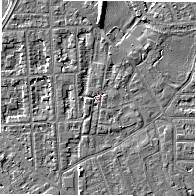 Shaded relief map of the ground around NG26BA, computed from Environment Agency LiDAR. The ground here sits at about 24 m above sea level and falls 8 m across the surrounding 800 m. Surface water reaching this point runs off ground lying to the south-west, 2.5 m higher.