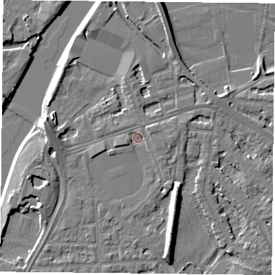 Shaded relief map of the ground around NG26BJ, computed from Environment Agency LiDAR. The ground here sits at about 24 m above sea level and falls 9 m across the surrounding 800 m. Surface water reaching this point runs off ground lying to the west-south-west, 2.3 m higher.