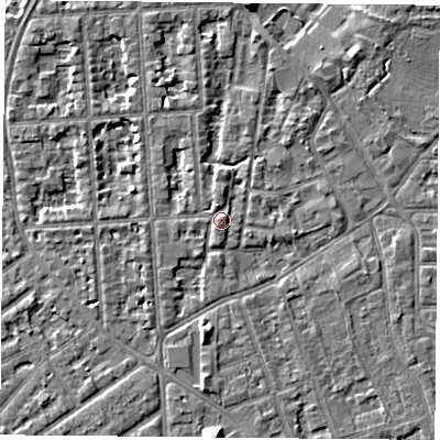 Shaded relief map of the ground around NG26BP, computed from Environment Agency LiDAR. The ground here sits at about 25 m above sea level and falls 8 m across the surrounding 800 m. Surface water reaching this point runs off ground lying to the north-east, 1.1 m higher.