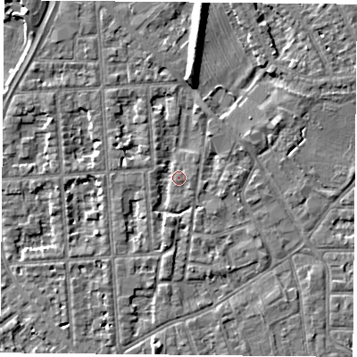 Shaded relief map of the ground around NG26BQ, computed from Environment Agency LiDAR. The ground here sits at about 24 m above sea level and falls 8 m across the surrounding 800 m. Surface water reaching this point runs off ground lying to the south, 2.5 m higher.