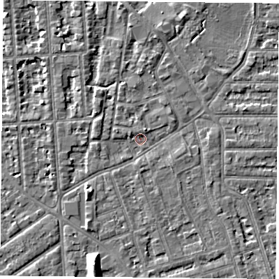 Shaded relief map of the ground around NG26BS, computed from Environment Agency LiDAR. The ground here sits at about 24 m above sea level and falls 11 m across the surrounding 800 m. Surface water reaching this point runs off ground lying to the south-south-west, 9.5 m higher.