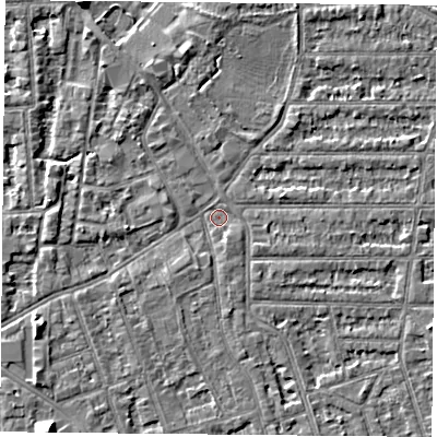 Shaded relief map of the ground around NG26BT, computed from Environment Agency LiDAR. The ground here sits at about 24 m above sea level and falls 8 m across the surrounding 800 m. Surface water reaching this point runs off ground lying to the south-south-west, 1.5 m higher.