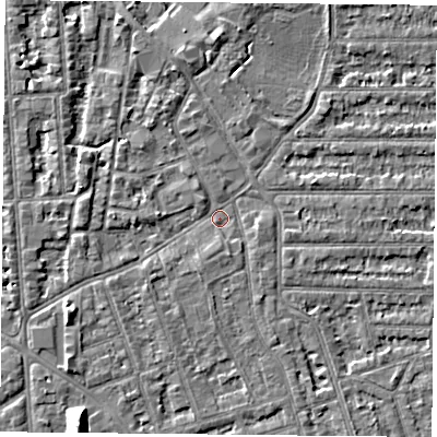 Shaded relief map of the ground around NG26BU, computed from Environment Agency LiDAR. The ground here sits at about 24 m above sea level and falls 10 m across the surrounding 800 m. Surface water reaching this point runs off ground lying to the south-south-west, 9.5 m higher.