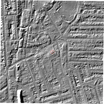 Shaded relief map of the ground around NG26BW, computed from Environment Agency LiDAR. The ground here sits at about 24 m above sea level and falls 10 m across the surrounding 800 m. Surface water reaching this point runs off ground lying to the south, 0.8 m higher.