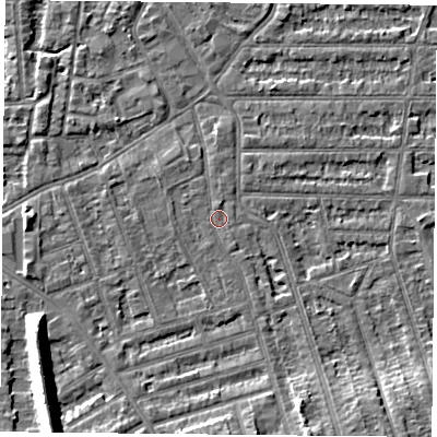 Shaded relief map of the ground around NG26BX, computed from Environment Agency LiDAR. The ground here sits at about 24 m above sea level and falls 11 m across the surrounding 800 m. Surface water reaching this point runs off ground lying to the south, 4.3 m higher.